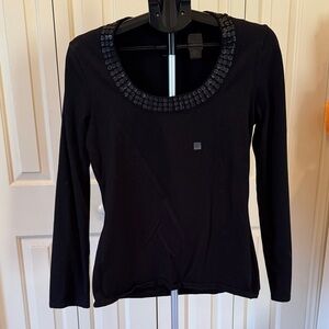 Express Black Long Sleeve Scoop Neck Top with Glossy Disc Trim